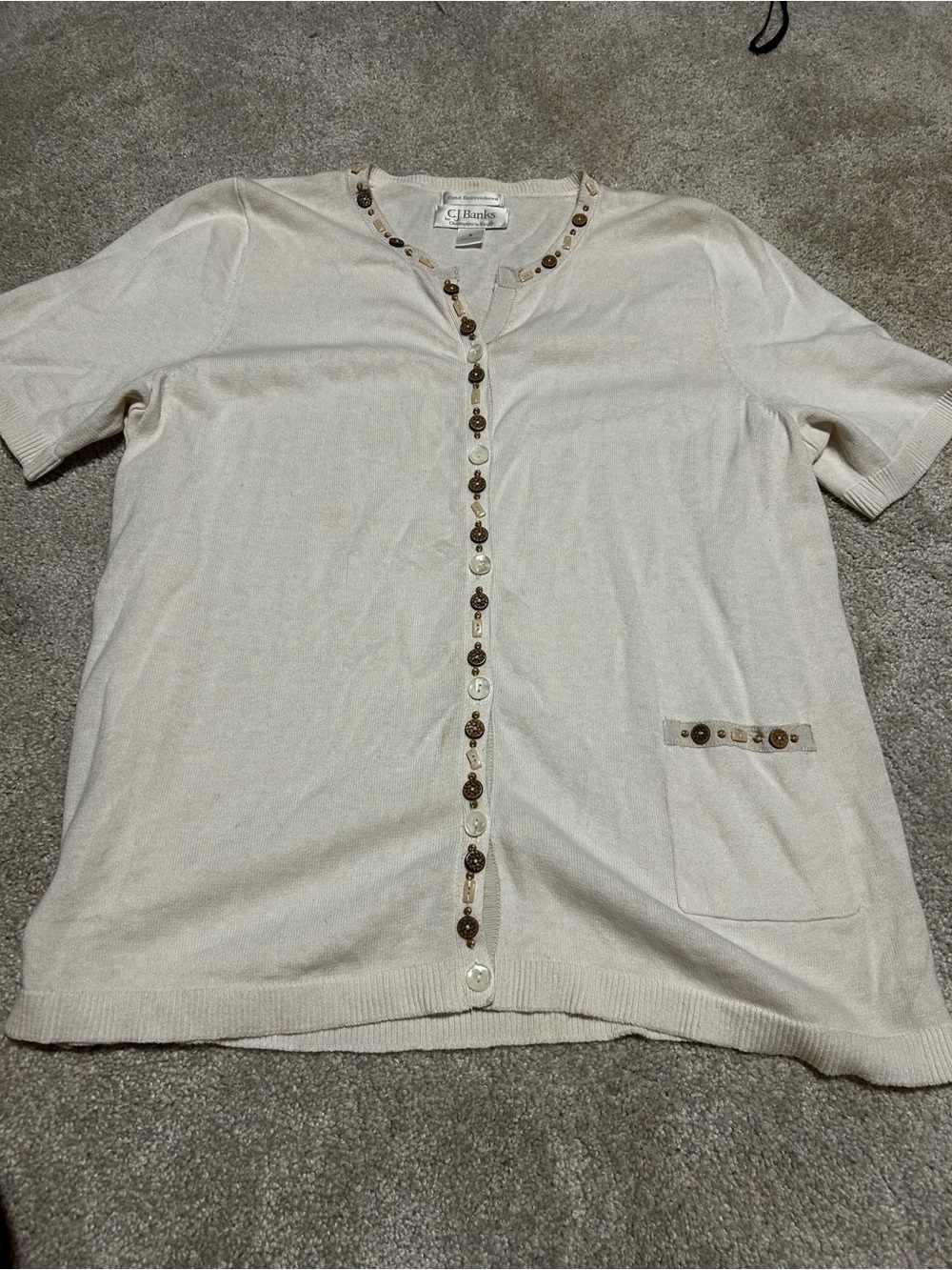 CJ Banks Cream Hand Embroidered Short-Sleeve Cardigan size X
